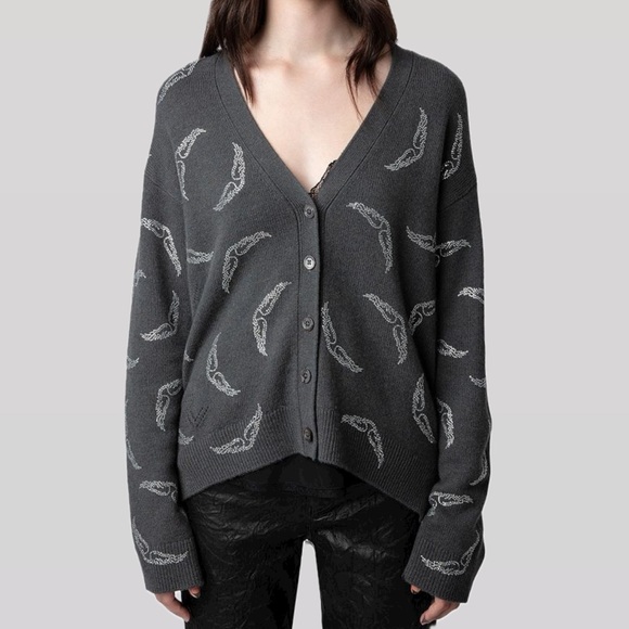 Zadig & Voltaire Mirka Wings Embellished Cashmere Cardigan - Ardoise Grey - Picture 1 of 4